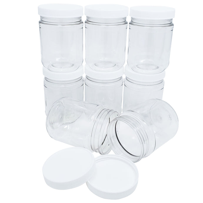 kelkaa 12oz Clear PET Plastic Jars with White Ribbed PE Lined Caps (Pack of 8)