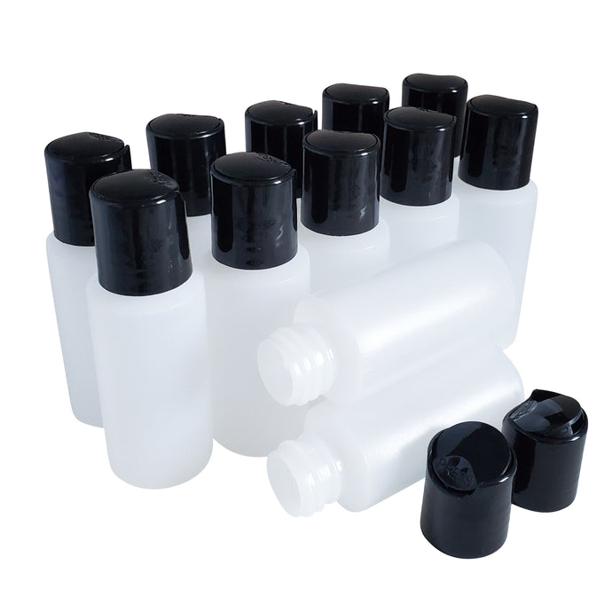 kelkaa 1oz HDPE Plastic Bottles with Black Press Caps (Pack of 12)