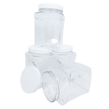Load image into Gallery viewer, kelkaa 64oz Clear PET Plastic Square Jars with Grip Handle and White Ribbed Lined Caps (Pack of 4)