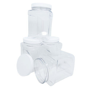 kelkaa 64oz Clear PET Plastic Square Jars with Grip Handle and White Ribbed Lined Caps (Pack of 4)