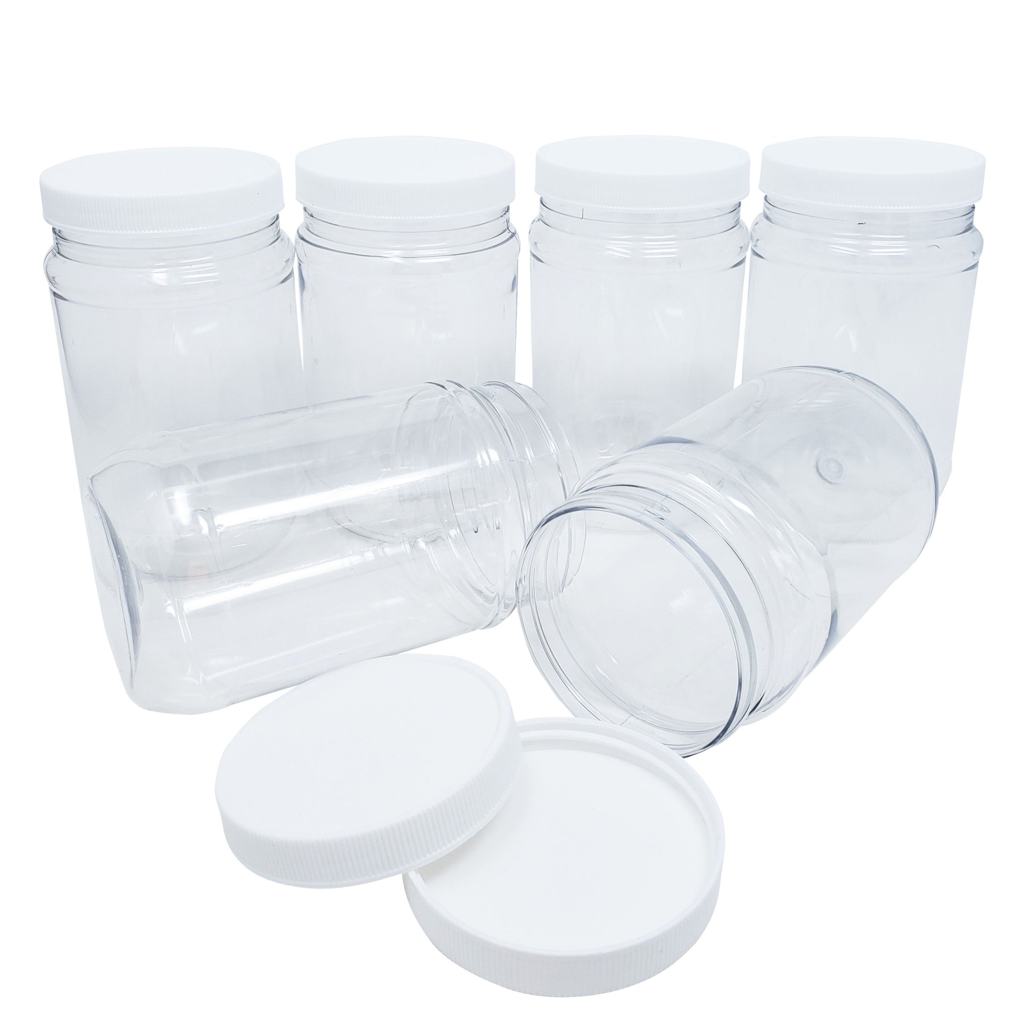 6 oz Clear Glass Jars w/ Lined White Plastic Ribbed Caps