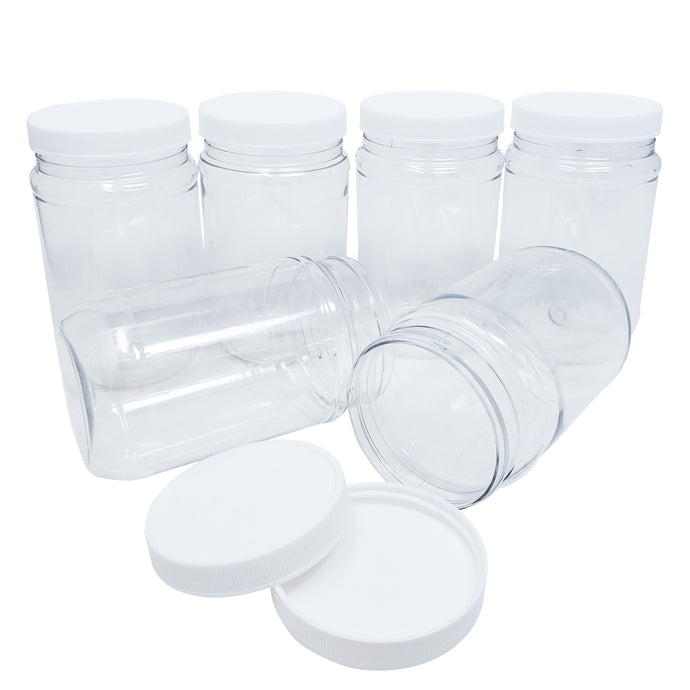 kelkaa 17oz Clear PET Plastic Jars with White Ribbed PE Lined Caps (Pack of 6)