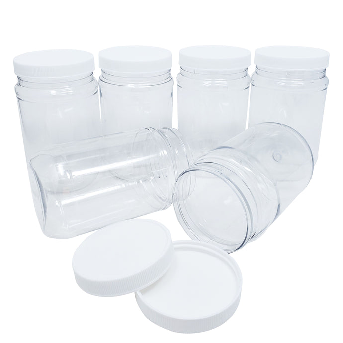 kelkaa 17oz Clear PET Plastic Jars with White Ribbed PE Lined Caps (Pack of 6)