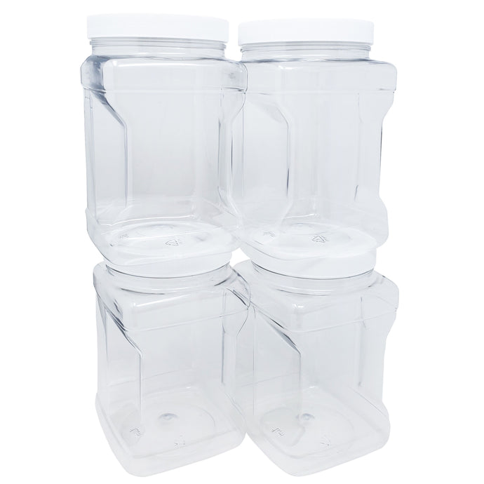 kelkaa 64oz Clear PET Plastic Square Jars with Grip Handle and White Ribbed Lined Caps (Pack of 4)