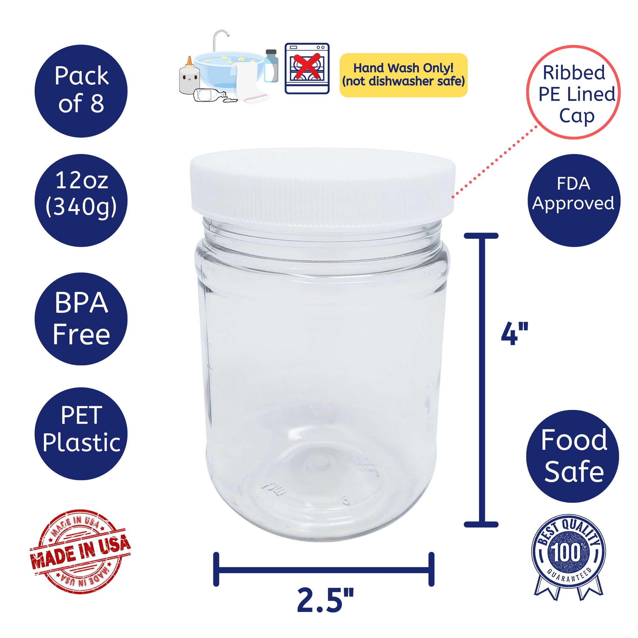 Clear Round Wide-Mouth Plastic Jars Bulk Pack - 12 oz, Black Cap