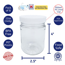 Load image into Gallery viewer, kelkaa 12oz Clear PET Plastic Jars with White Ribbed PE Lined Caps (Pack of 8)