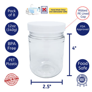 kelkaa 12oz Clear PET Plastic Jars with White Ribbed PE Lined Caps (Pack of 8)