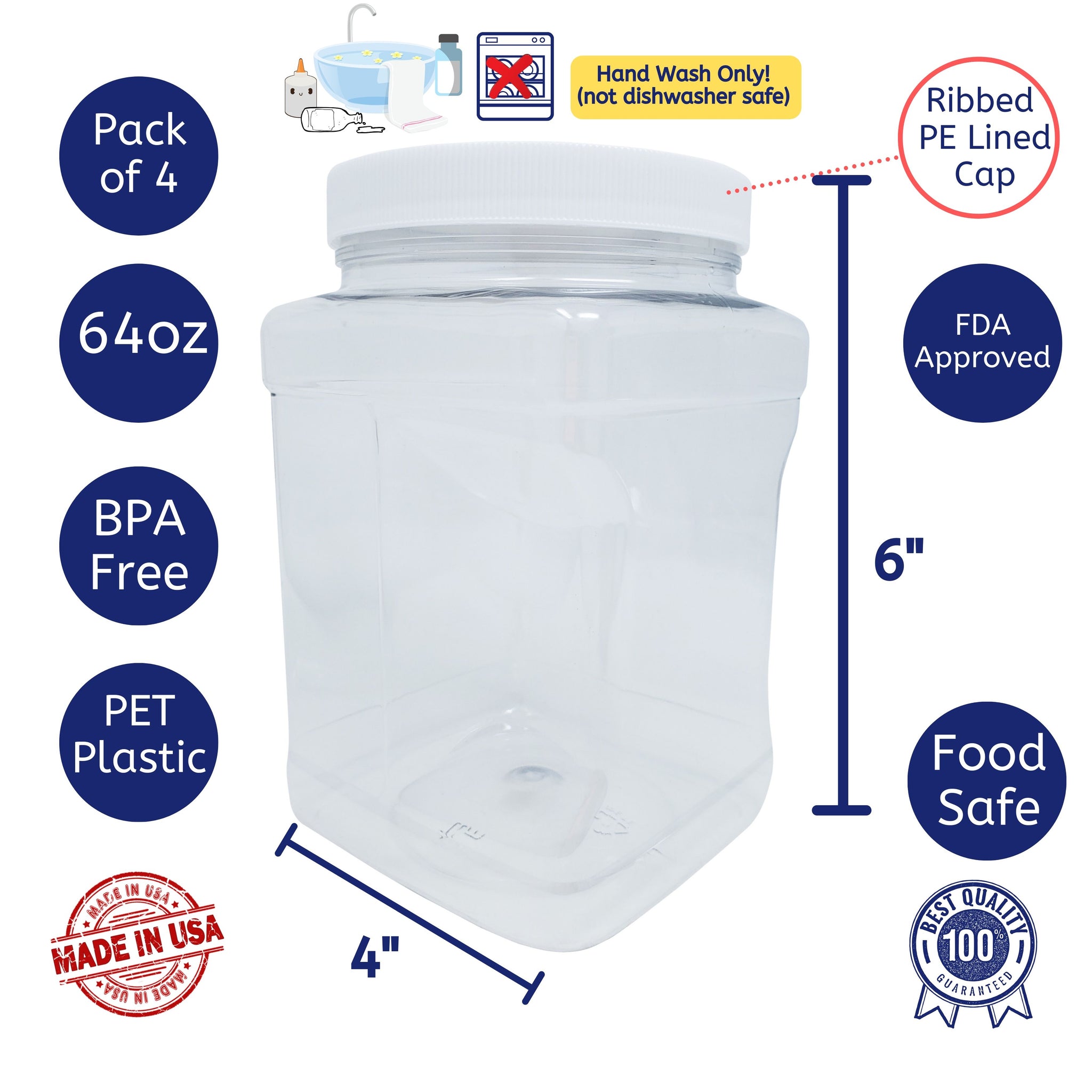 kelkaa 64oz Clear PET Plastic Square Jars with Grip Handle and White R