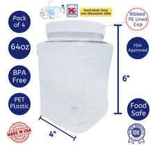 Load image into Gallery viewer, kelkaa 64oz Clear PET Plastic Square Jars with Grip Handle and White Ribbed Lined Caps (Pack of 4)