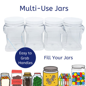 kelkaa 64oz Clear PET Plastic Square Jars with Grip Handle and White Ribbed Lined Caps (Pack of 4)