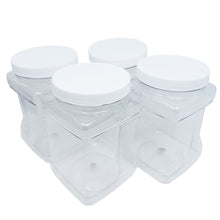 Load image into Gallery viewer, kelkaa 64oz Clear PET Plastic Square Jars with Grip Handle and White Ribbed Lined Caps (Pack of 4)
