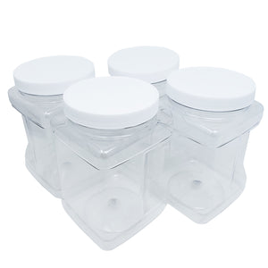 kelkaa 64oz Clear PET Plastic Square Jars with Grip Handle and White Ribbed Lined Caps (Pack of 4)