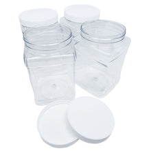Load image into Gallery viewer, kelkaa 64oz Clear PET Plastic Square Jars with Grip Handle and White Ribbed Lined Caps (Pack of 4)