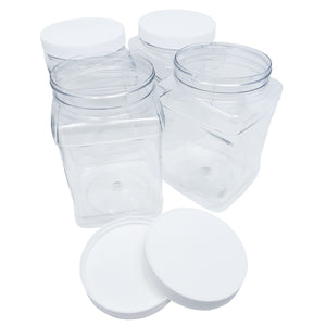 kelkaa 64oz Clear PET Plastic Square Jars with Grip Handle and White Ribbed Lined Caps (Pack of 4)