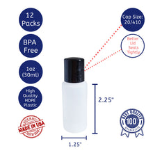 Load image into Gallery viewer, kelkaa 1oz HDPE Plastic Bottles with Black Press Caps (Pack of 12)