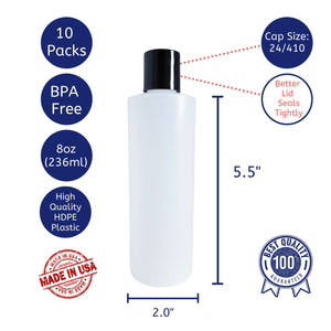 kelkaa 8oz HDPE Plastic Squeeze Bottles with Black Press Caps (Pack of 10)