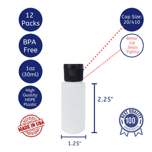 kelkaa 1oz HDPE Plastic Squeeze Bottles with Black Flip Caps (Pack of 12)