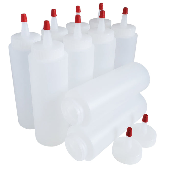 kelkaa 8oz HDPE Plastic Squeeze Bottles with Red Yorker Cap (Pack of 10)