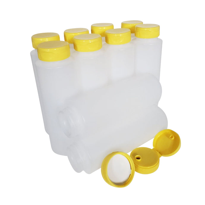 kelkaa 8oz HDPE Plastic Squeeze Bottles with Yellow Flip Top Caps