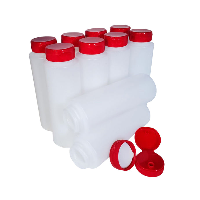 kelkaa 8oz HDPE Plastic Squeeze Bottles with Red Flip Top Caps