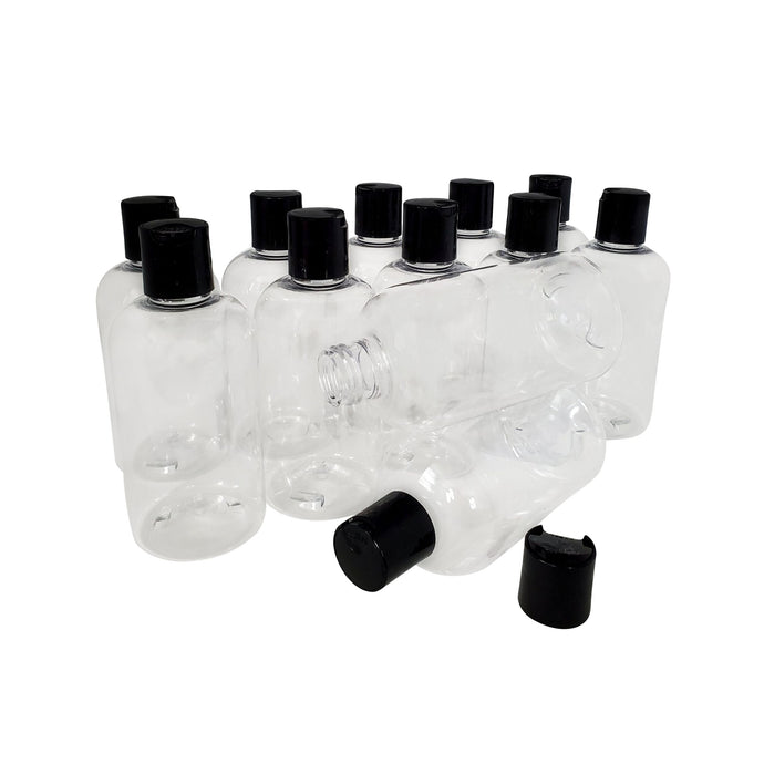 kelkaa 8oz Boston Round Clear PET Plastic Bottles with Black Press Caps (Pack of 12)