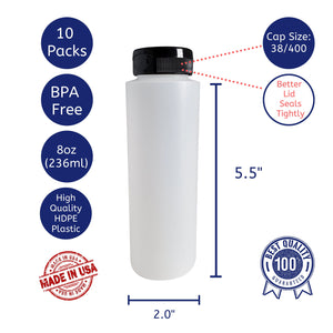 kelkaa 8oz HDPE Plastic Squeeze Bottles with Black Flip Top Caps