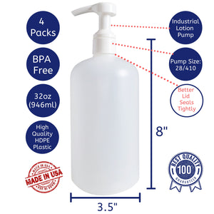 kelkaa 32oz Boston Round Plastic Bottles with White Smooth Lotion Pump - 28/410 (Pack of 4)