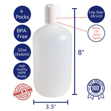 Load image into Gallery viewer, kelkaa 32oz Boston Round Plastic Bottles with White Press Caps - 28/410 Size (Pack of 4)