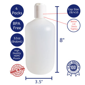 kelkaa 32oz Boston Round Plastic Bottles with White Press Caps - 28/410 Size (Pack of 4)