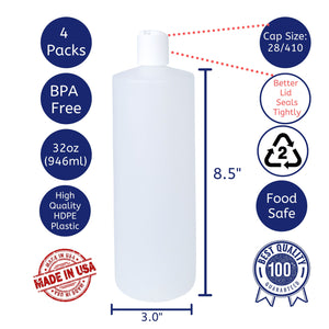 kelkaa 32oz HDPE Plastic Cylinder Squeeze Bottles with White Press Caps 28/410 (Pack of 4)