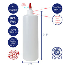 Load image into Gallery viewer, kelkaa 32oz 28/410 HDPE Plastic Bottles with Long Red Tip Caps (Pack of 4)