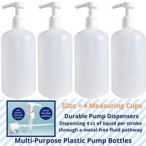 kelkaa 32oz Boston Round Plastic Bottles with White Smooth Lotion Pump - 28/410 (Pack of 4)