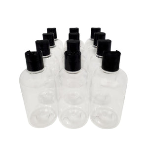 kelkaa 8oz Boston Round Clear PET Plastic Bottles with Black Press Caps (Pack of 12)