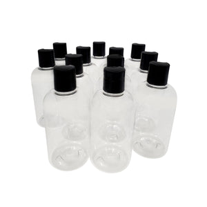 kelkaa 8oz Boston Round Clear PET Plastic Bottles with Black Press Caps (Pack of 12)